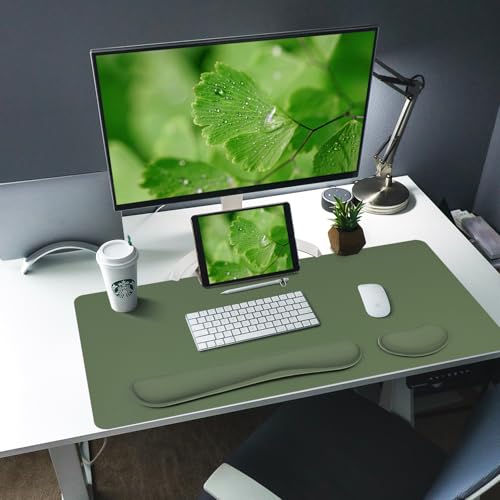 Image of Bloss Keyboard Wrist Rest + Mouse Wrist Rest + Leather Desk Mat, Non-Slip Desk Mat Protector for Office, Home(31.5x15.7 Inches,Olive Green)