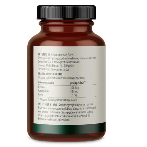 Foto von Goldene Mischung Kapseln Bio 120 Stück | mit Kurkumapulver, Ingwerpulver, Ceylon Zimt, Ashwagandhapulver und Schwarzem Pfeffer | das Beste aus der ayurvedischen Lehre | Bio-Qualität | vom Achterhof