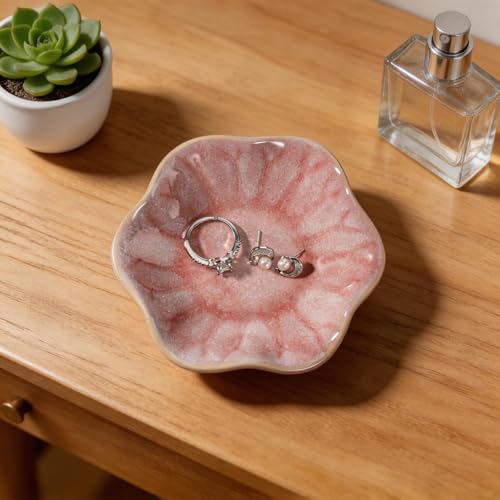 Image of Pink Lotus Leaf Shape Ring Jewelry Dish Holder,Small Trinket Jewelry Tray,Decorative Jewelry Plate Bowl,Key Bowl,Birthday Engegament Gifts for Women Friends,Ceramic