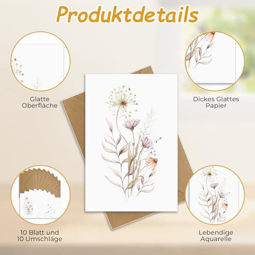10 STK Blanko Grußkarten, Blanko Karten mit Umschlag, Postkarten Blanko mit Elegante Florale Designs, Dankeschön Geschenke für Familie, Freunde, Kollegen, Lehrern UVM