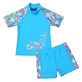 CHICTRY Mädchen Zweiteiliger Badeanzug Hawaii Blumen Kinder Schwimmanzug Badehose Badebekleidung UV-Schutz 50+ Badeset Rash Guards Bademode Blau 140-152