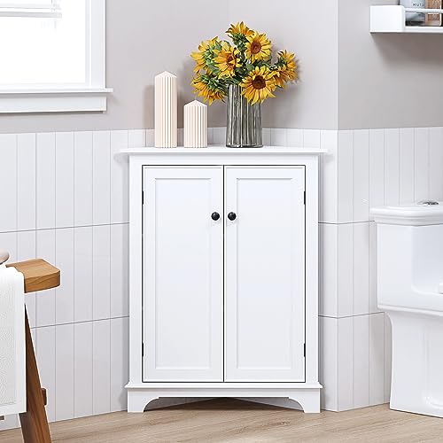 Spirich Freestanding White Corner Cabinet with Doors and Shelves for Bathroom and Living Room