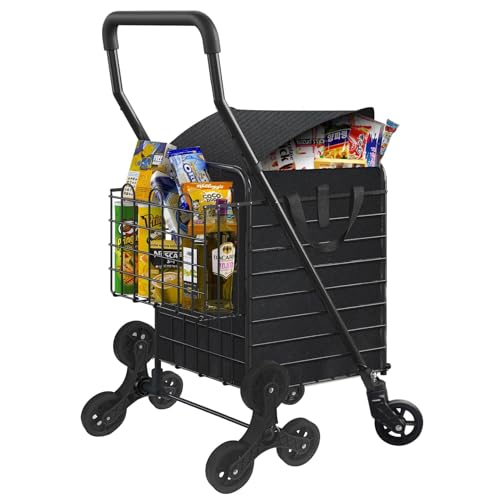 Kiffler Grocery Shopping Cart with Waterproof Liner Stair Climber Utility Cart Easily Collapsible Cart with Tri-Wheels, 66lb Extended Foam Cover, Trolley for Stair, Laundry, Travel (Black-)