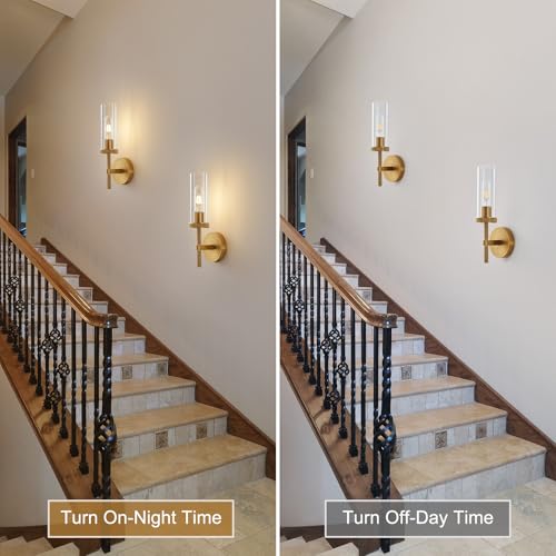 Image of Gold Wall Sconces,Sconces Wall Lighting 15.5 inch Knurled Aluminum Bathroom Vanity Wall Light Fixture with Clear Glass,Modern Brushed Brass Bathroom Sconces Wall Lights for Living Room,Bedroom,Corridor