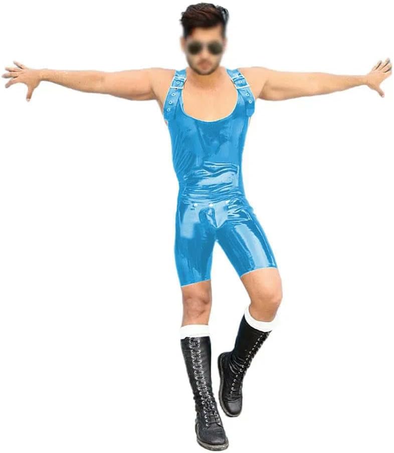 Glossy PVC Leather Bodysuit for Men Sleeveless Adjustable Strap Club Short Jumpsuit Pole Dancing Costume
