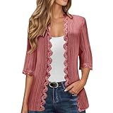 Generisch Cárdigan de punto para mujer, kimono de verano, adorno de encaje, ligero, parte delantera abierta, manga corta, elegante, tiempo libre, Rojo sandía, L