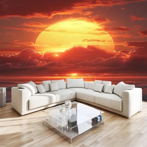 Papier Peint Intissé Paysage de Mer Au Coucher Du Soleil 200 x 140 CM (L x H), Papier Peint Panoramique Tableaux Grandes poster Muraux Tapisserie Photo Fond...