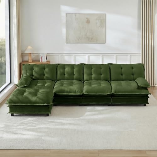 Image of 138 inch L-Shaped Sectional Couches for Living Room, Green 4 Seater Modern Chenille Deep Seat Sofa Set, Salas para Casa, High Back Cloud Couch Modular Sectional Sets with Ottoman