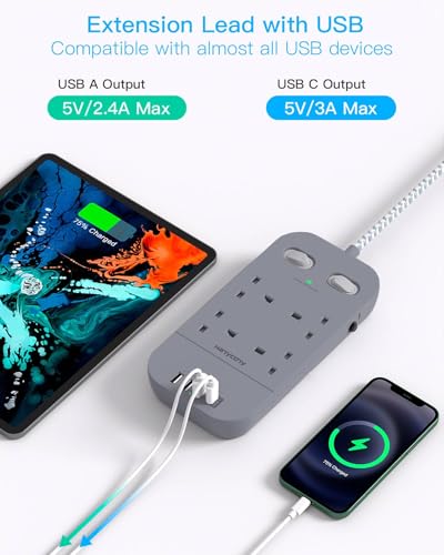 4 Way Surge Protected Extension Lead with USB Slots, HANYCONY Extension Cable with Double Switches, Plug Extension Socket 1.8M Braided Extension Cord for Home Office Accessories, Gray - Image 3