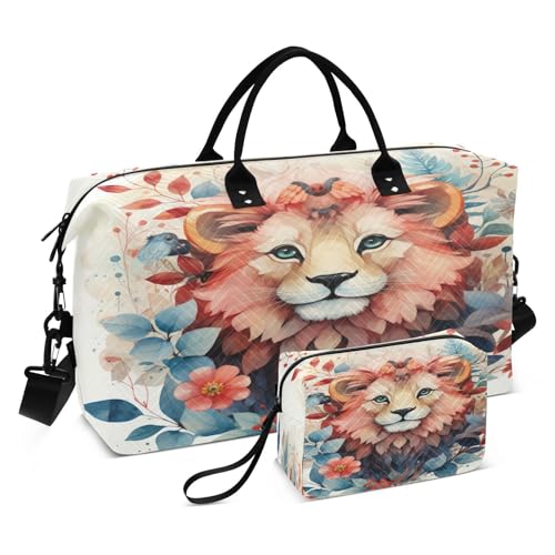 Floral Cartoon Lion Sports Swim Gym Bag Weekender Duffel Travel Bags Handbag with Makeup Storage Bag for Girls Men
