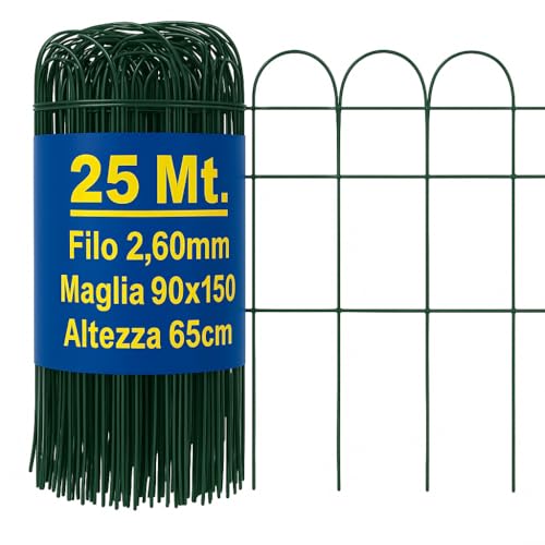 Rete Ornamentale Verde Altezza 65cm, Rotolo da 25mt. Decorativa per Giardino, Aiuole, Orto, Piccoli Animali. Recinzione Metallica Zincata e Plastificata con filo intecciato.