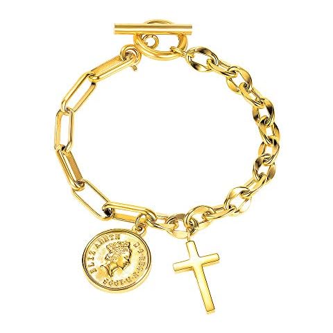 NewZenro Cross Coin Round Disc Charm OT Toggle Clasp Cuban Chain Link Bracelets for Women Girls Fashion Trendy Dainty Stainless Steel Bangle 7.2" Jewelry Gifts BFF Birthday Girlfriend Mom Xmas Cover