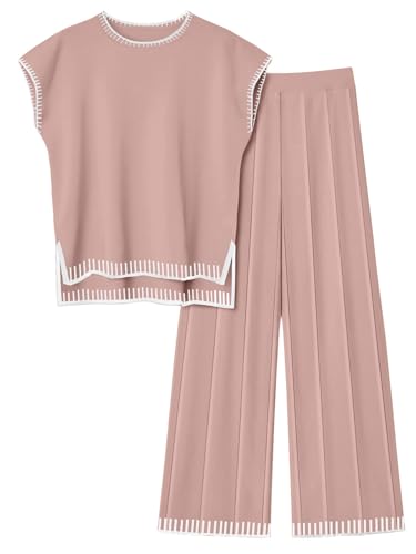Image of Ekouaer Womens Matching Sets Knit Sweater Sets 2 Pieces Outfits Pullover Tops Wide Legs Pants Lounge Set