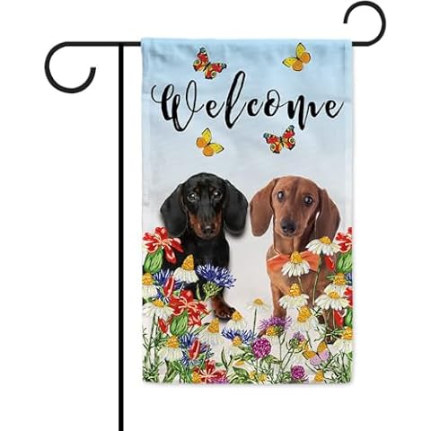 KafePross Cute Dachshunds Welcome Garden Flag Wiener Dog Lover Gifts Idea Outdoor Decor 12.5x18 Inch Print Both Sides Patio for Party Decorating Gift Cover