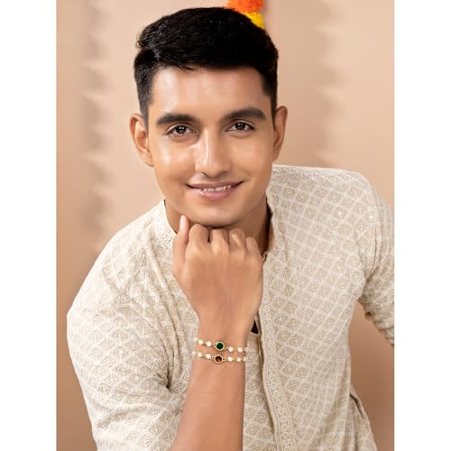 Image of Peora Rakhshabandhan Thread Rakhi for Brother Bhaiya | Kundan Beads & Crystal Studded | Combo Set of 2 | Rakhi Hamper Roli Chawal & Greeting Card
