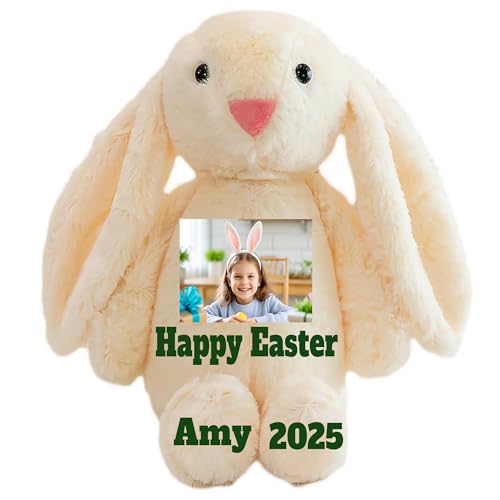 Customized Easter Bunny With Photo Name Text, Easter Gift for Kids Baby, Personalized Handmade Stuffed Animal, Long Ears Rabbit, Plush First Easter Bunny Basket Stuffer Decoration