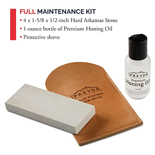 Natural Arkansas Pocket Stone Kit, Sharpening Stones and Premium Honing Oil for Small Blades and Lures, 4 x 1-5/8 x 1/2-Inch Whetstone with Vegan Leather Case, by RH Preyda
