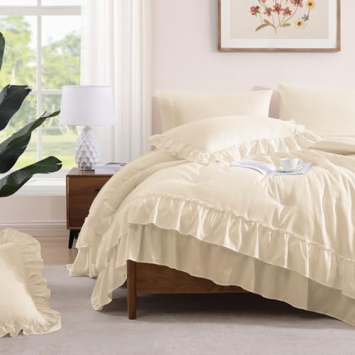 Image of Queen Comforter Set Whisper White Ruffle 7 Pieces Farmhouse Bed in a Bag | Shabby Chic Fluffy All Season Bedding Sets with Sheets, Pillowcases & Shams