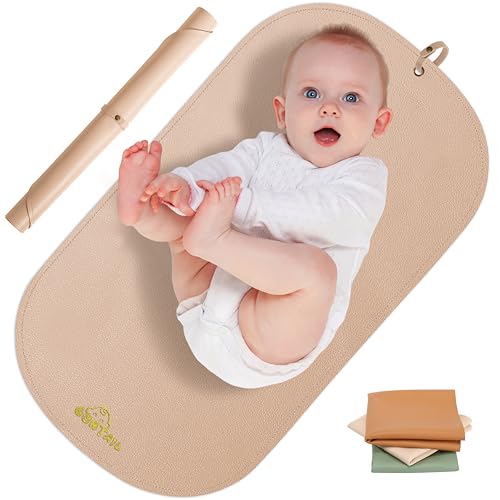 Image of Portable Baby Diaper Changing Mat,Soft Faux Leather, Wipeable & Easy to Clean,for Home or Travel, Waterproof, with Storage Strap,Easily Put into Diaper Bag,30 x 17 in (Beige)