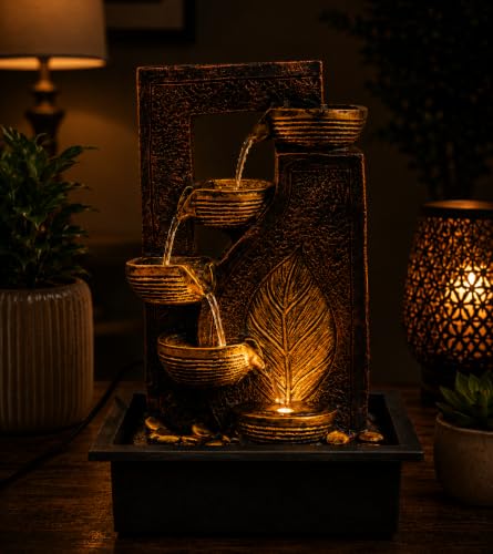Image of CHRONIKLE Indoor Tabletop Water Fountain with Warm LED Light & Controller Pump | Golden Leaf Designer 4 Diya Step Cascade Polyresin Waterfall Fountain for Home, Meditation Decor | Brown | 40x29.5x22CM