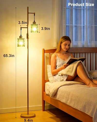Image of 65IN Glass Floor Lamp, 2-Light Gold Standing Tall Lamps Dimmable with Green Glass Lampshade, 3000K Warmwhite Mid Century Modern Floor Lamp with 5Lbs Heavy Base for Living Room /Bedroom /Corner