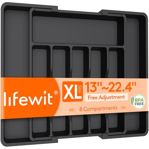 Lifewit - Lifewit Extra Large Cutlery Organizer, Expandable Silverware Drawer Organizer for Kitchen, Adjustable Cutlery Tray Drawer Organizer for Spoon Forks Knives, Cutlery Crocks, Black - -43%