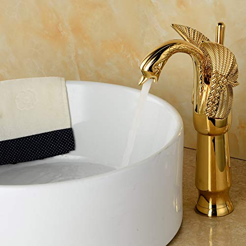 Bwe Swan Faucet Single Handle Single Hole Gold Matching Pop Up Drain Without Overflow Stopper And Supply Line Vessel Sink Faucet Lavatory Basin Vanity Mixer Tap Lead-Free #TOP3