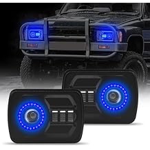 2Pcs Rectangle 57 76 Inch LED Headlights with Halo DRL & Turn Signal High/Low Beam,Compatible With Cherokee XJ Wrangler YJ GMC Dodge Kenworth T300 Replacement H6054 H5054 6052 Blue Halo