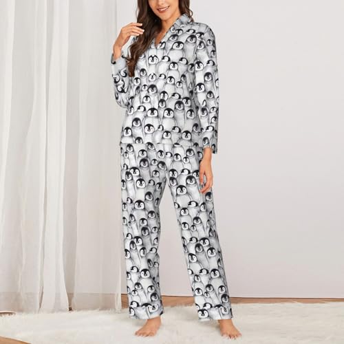 Pyjama à manches longues pour femme imprimé pingouins mignons avec taille élastique - 2