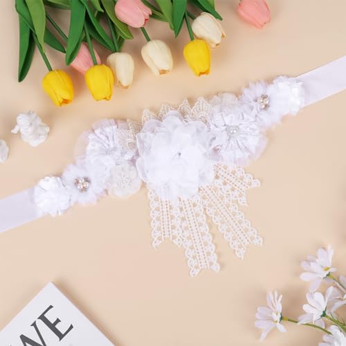 Image of White Lace Boho Baby Shower Maternity Sash - White Lace Flower Theme Baby Shower Belly Belt, Mom to Be Photo Props Party Decorations