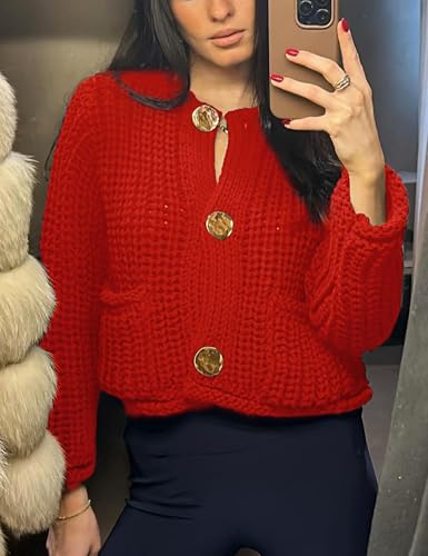 Image of Arssm Womens Cropped Cardigan Sweaters Chunky Open Front Button Down Knit Sweater Long Sleeve Loose Cardigan Outerwear(Red-L)