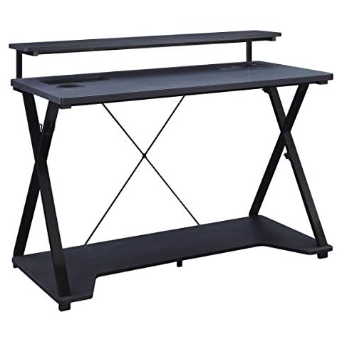 OSP Home Furnishings Gaming Desk with RGB LED Lights and Power Hub, Metal Alloy Steel Engineered Wood Plastic, Black Cover
