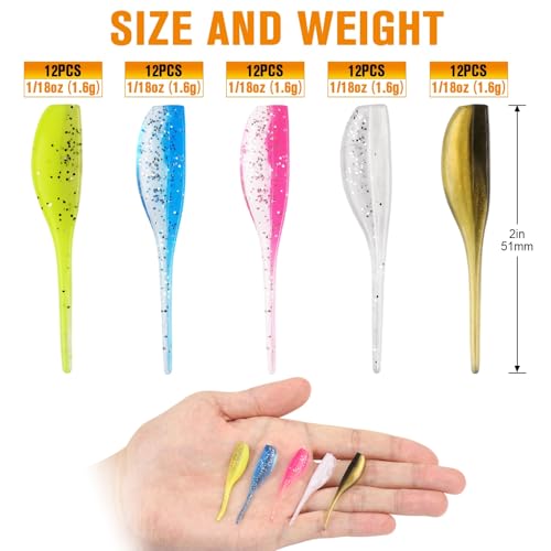 Dovesun Crappie Lures Kit, Fishing Soft Plastic Lures Crappie Walleye Trout Bass Fishing Baits Shad Minnow Bait 60Pcs with Tackle Box