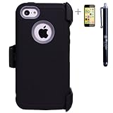 Heavy Duty High Impact Shockproof Dirtproof Hard + Soft Defender Case Cover for Apple iPhone 5c + Belt Clip Holster + Stylus + Screen Protector - Black & Grey