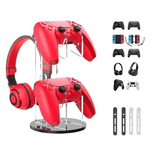 2 Tier Controller and Headset Stand for PS4 PS5 Xbox ONE Switch, Acrylic Gaming Controller Holder Headphone Stand with 3Pcs Cord Organizers for Universal Gamepad Gaming Accessories (Black)