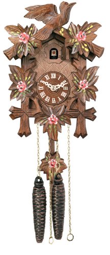 River City Clocks 9" Day Carved Mechanical Cuckoo Hand Flowers, Five Maple One Bird Wall Clock, Brown With Painted Leaves #TOP3