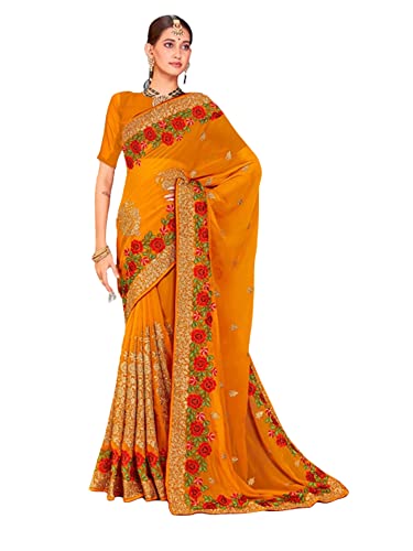Sari traditionnel moutarde en georgette 8671 pour femme style semi-cousu