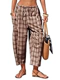 EXLURA Womens Cotton Faux Linen Gingham Barrel Capri Pants Plaid Palazzo Trousers Harem Pants Pockets Summer Beach Vacation