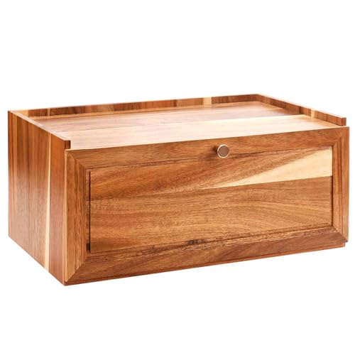 Upgraded Acacia Wooden Bread Box | All In One Piece Bread Storage Organizer For Kitchen Countertop | Assembly Free Large Capacity Vintage Bread Food Storage Bin Container