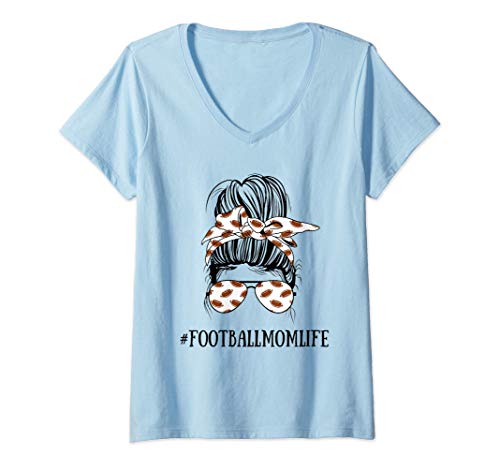 Womens Messy Bun Life of a Mom American Football Mother's Day V-Neck T-Shirt