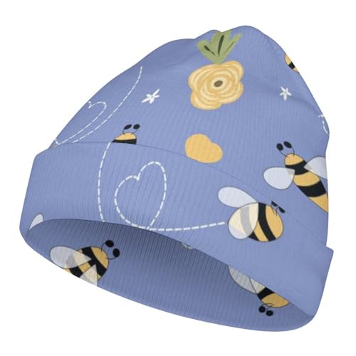 Cartoon Bee and Flower Pattern Kids Beanie Hat for for Girls Boys Children Cap Winter Knitted Chemo Cancer Headwear Accessories Gifts Decoration Black