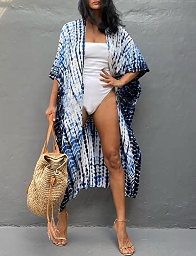 Image of Bsubseach Stylish Tie Dye Open Front Long Kimono Swimsuit Coverup for Women