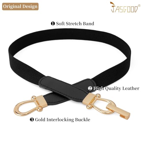 JASGOOD Women Skinny Elastic Belt for Dresses,Thin Retro Stretch Waist Belt with Golden Buckle2