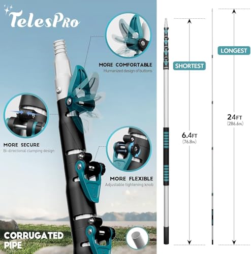 Image of TelesPro 30 Foot High-Reach Duster Kit with 6-24FT Extendable Pole - High Ceiling Duster Cleaning Kit with Telescopic Pole,Cobweb Duster, Chenille Ceiling Fan Duster, Microfiber Feather Duster