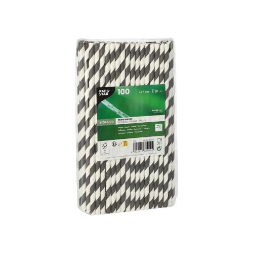 Papstar - Cannucce di carta pura, Ø 6 mm · 20 cm, colore: Nero/Bianco a righe