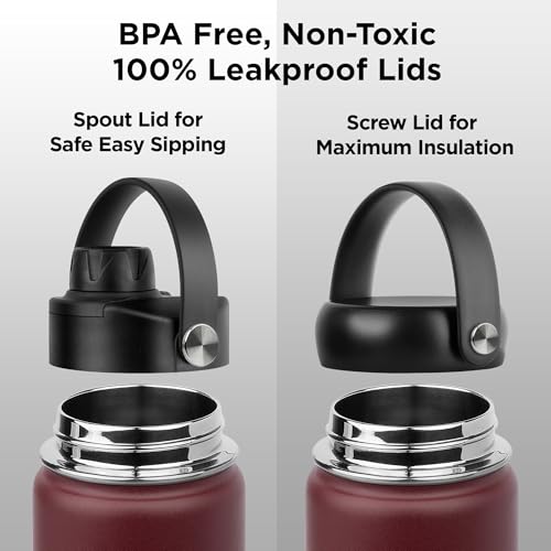 Image of ThermoProof Double-Walled Vacuum Insulated Stainless Steel Water Bottle - Wide Mouth with Chug & Spout Lids, Dishwasher Safe, Reusable, Leakproof, Hot & Cold for Men, Women & Kids - 22oz, Burgundy