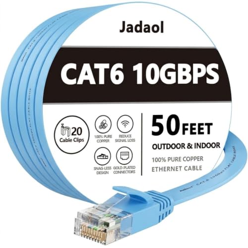 Image of Jadaol Cat6 Ethernet Cable 50FT with Clips 10Gbps Flat Network Cable, Blue