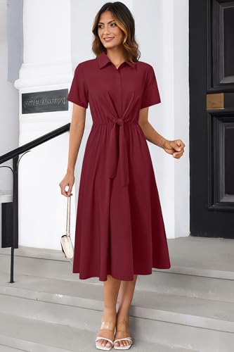 Image of Newshows Women's Work Business Casual Outfits Tie Waist Midi Shirt Dress | Lightweight & Breathable Easy-care Fabric, Side Pockets, Decent Professional Attire, Church Office Funeral Outfits
