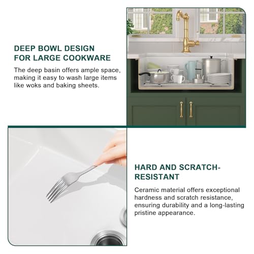 Talllor White Undermount Kitchen Sink 32 Inch - 32"X19" Fireclay White Kitchen Sinks Drop In Dual Mount Single Bowl Ceramic Porcelain Sinks #TLAC-0038