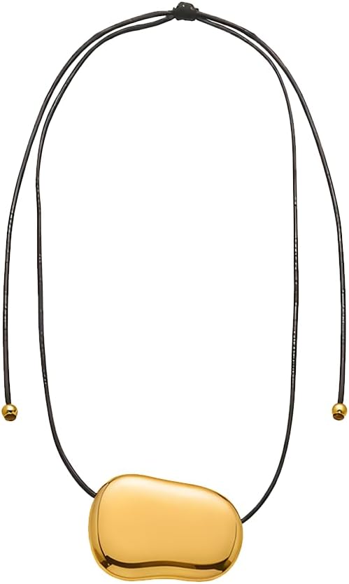 Chunky Gold Necklace For Women, Boho Adjustable Black Leather Long Cord Stainless Steel Pebble Pendant Necklaces Minimalist Statement Christmas Birthday Jewelry Gift - Image 2